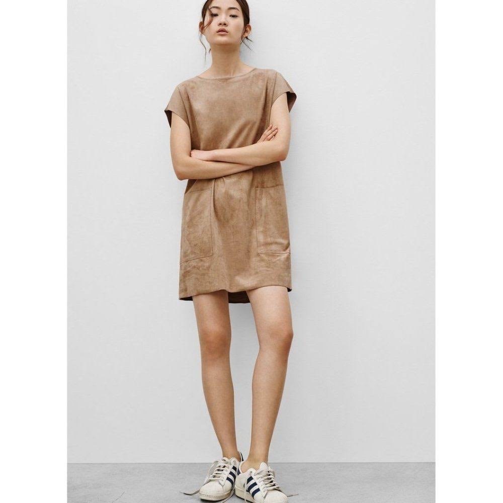 Aritzia Wilfred Free Nori Faux Suede Mini Shift Dress Cap Sleeve Taupe Size S
